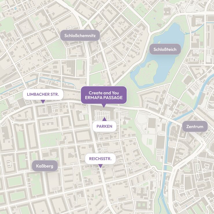 Stadtplanausschnitt von Chemnitz mit der Lage von Create and You in der ERMAFA-Passage an der Reichsstraße